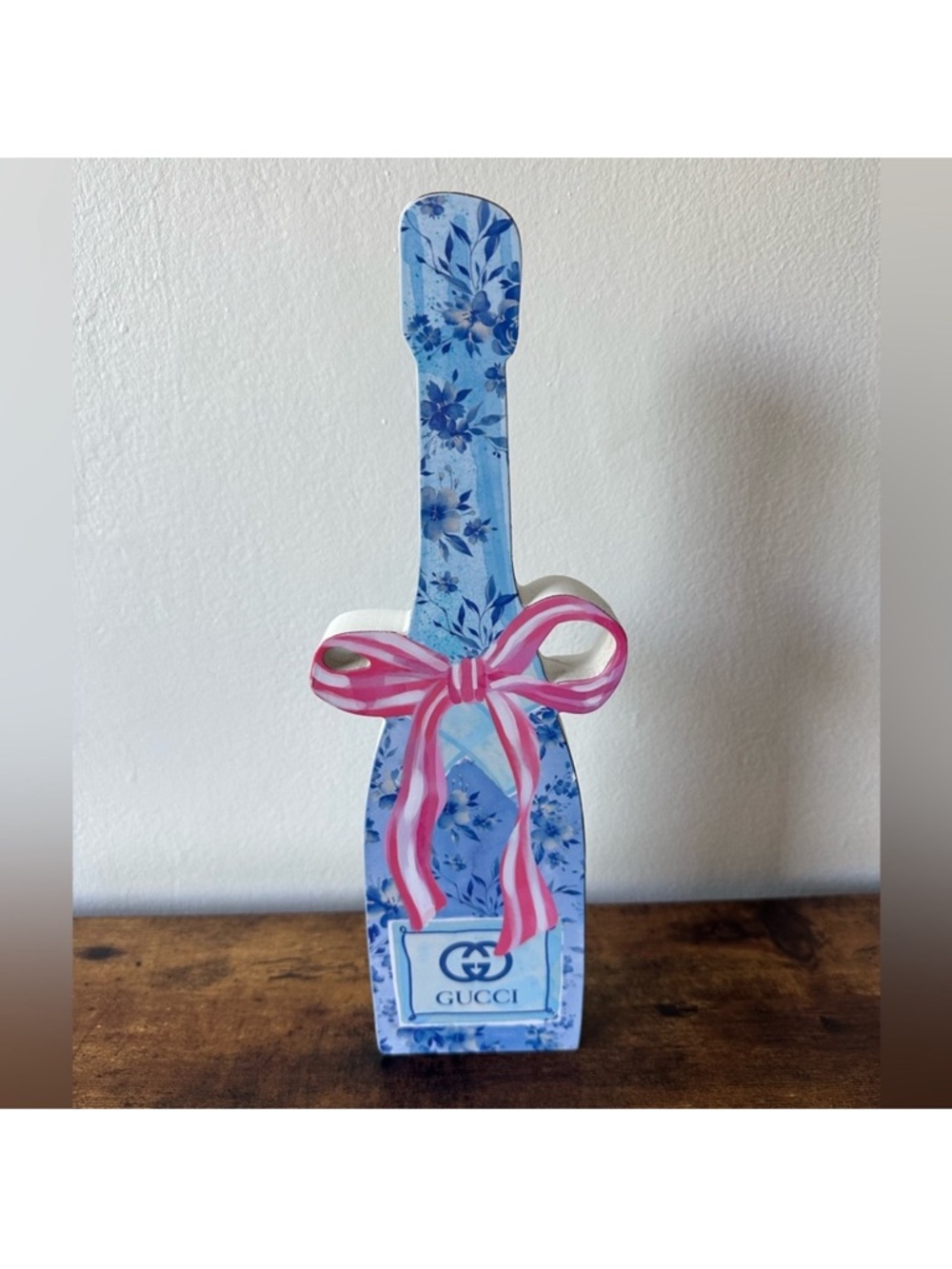 Gucci Blue Floral Bath Bottle Accent with Pink Ribbon